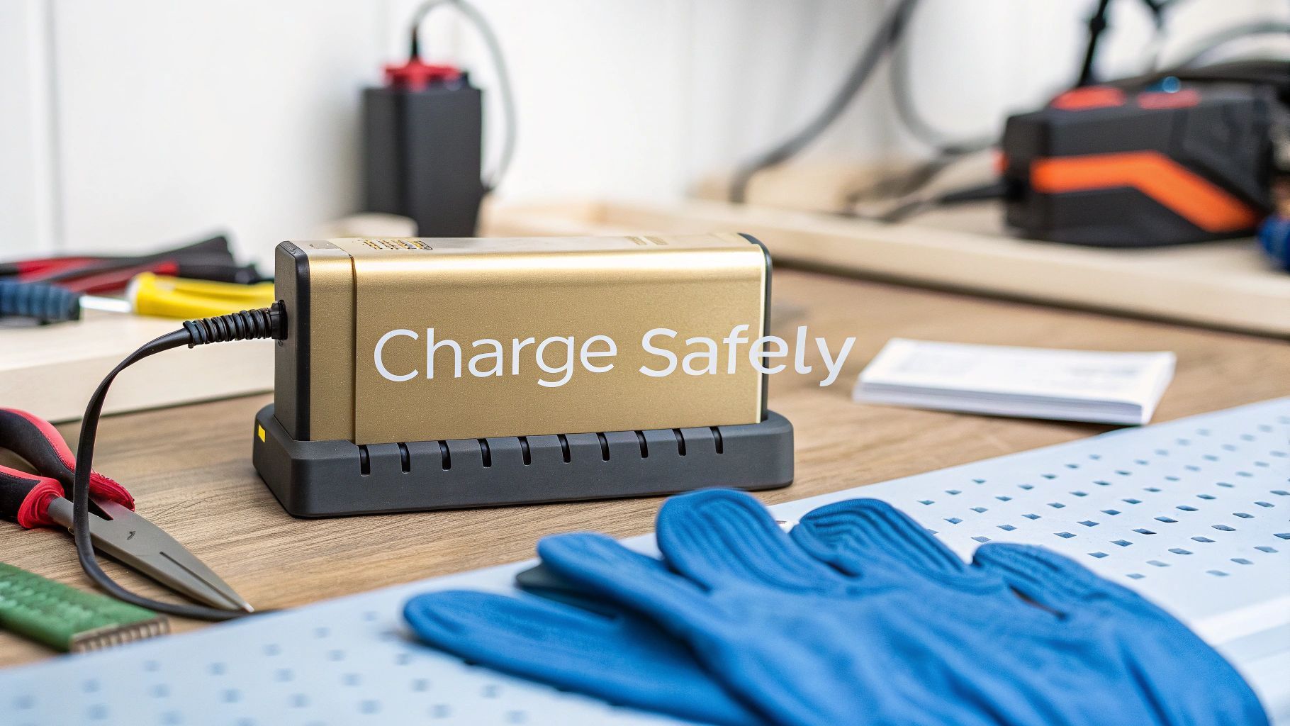 Gold battery charger with cord plugged in, on a work table with gloves, pliers, and other tools.