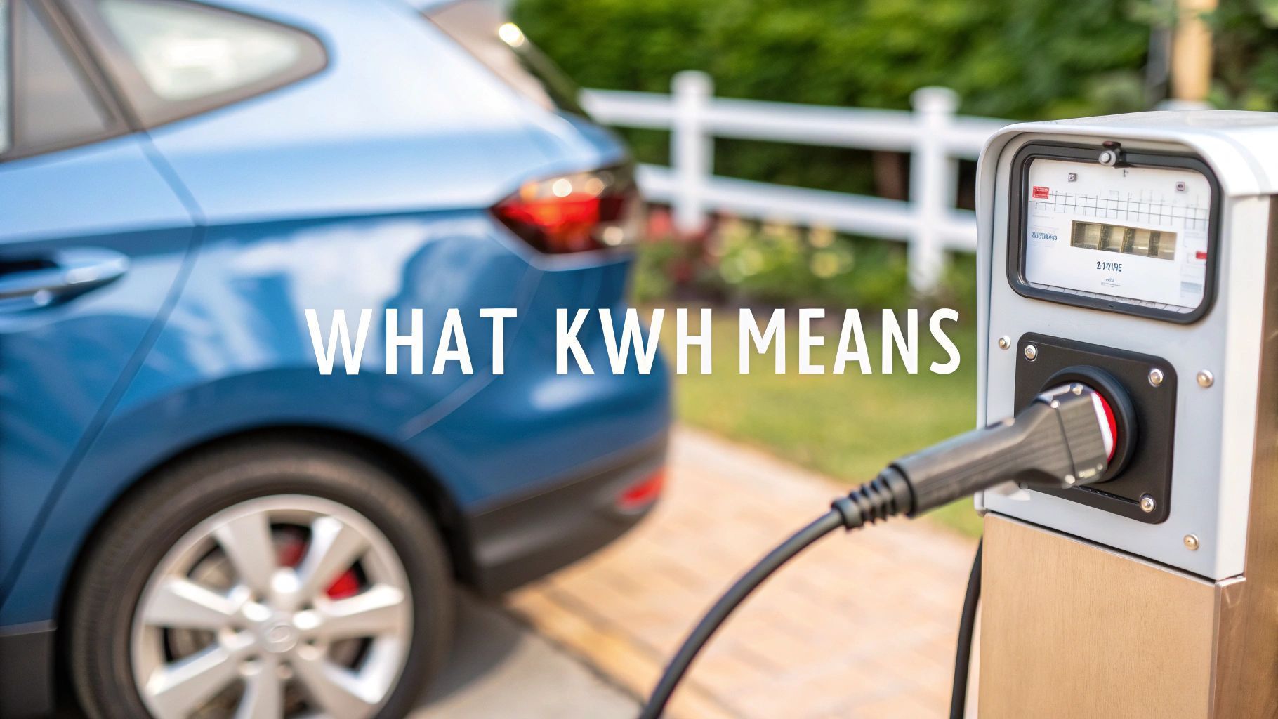 Blue electric car charging at a station; text: