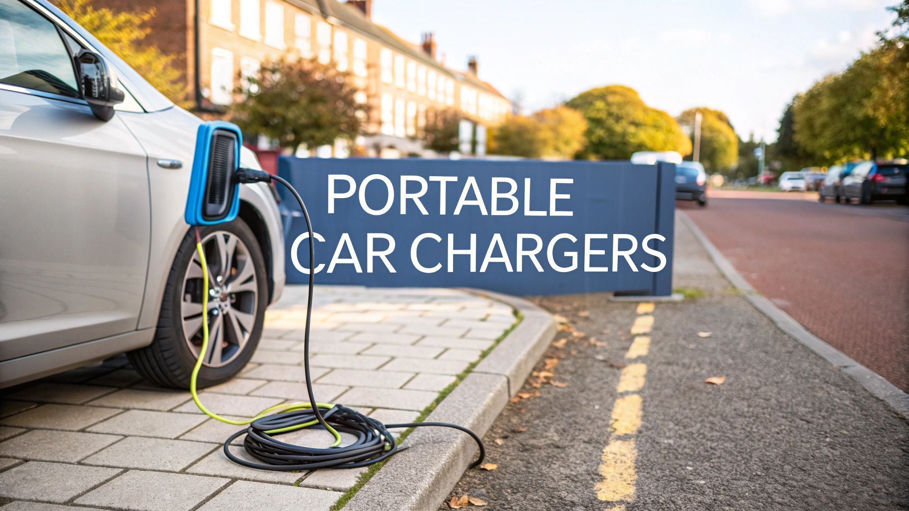 Silver EV charging at a blue charger, cord on ground.