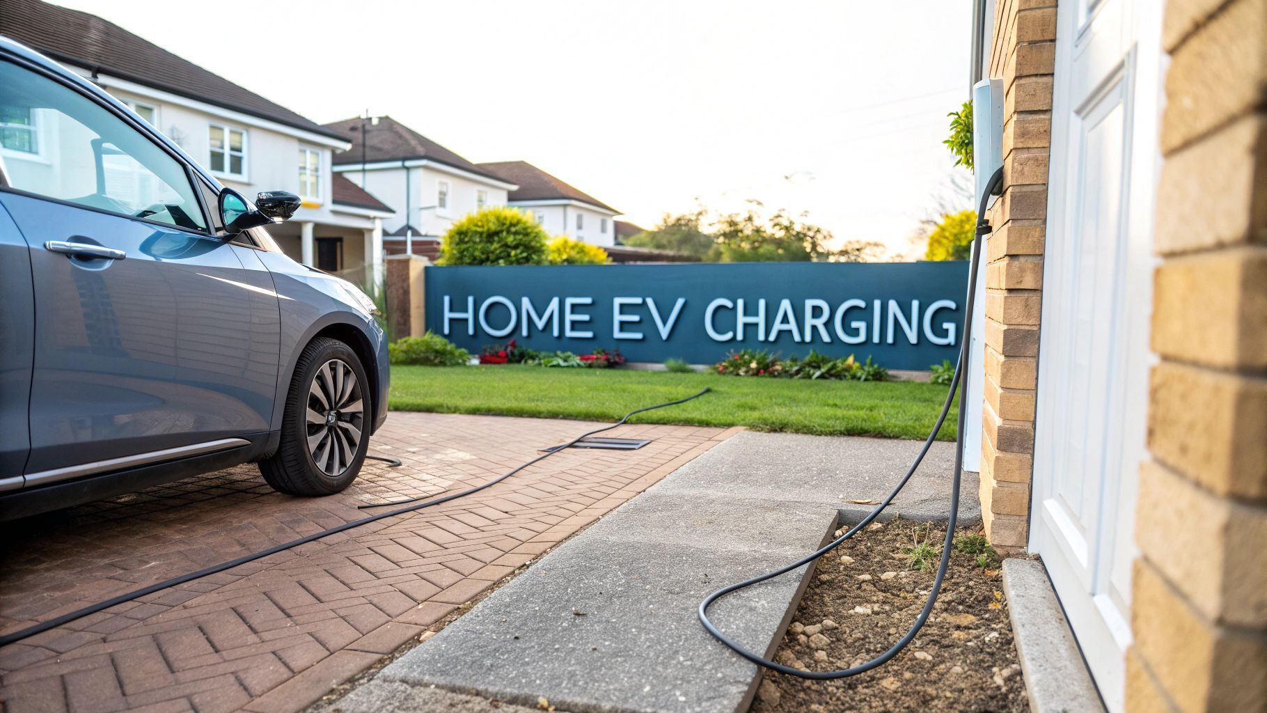 Electric vehicle charging at home; car plugged into charger, sign 