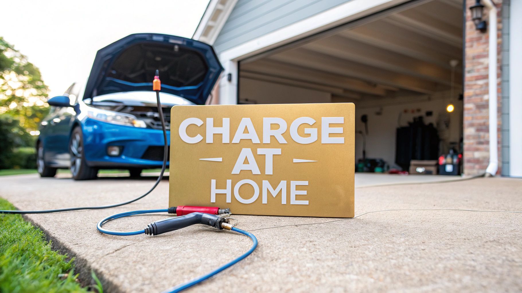 Blue electric car charging at home, with 