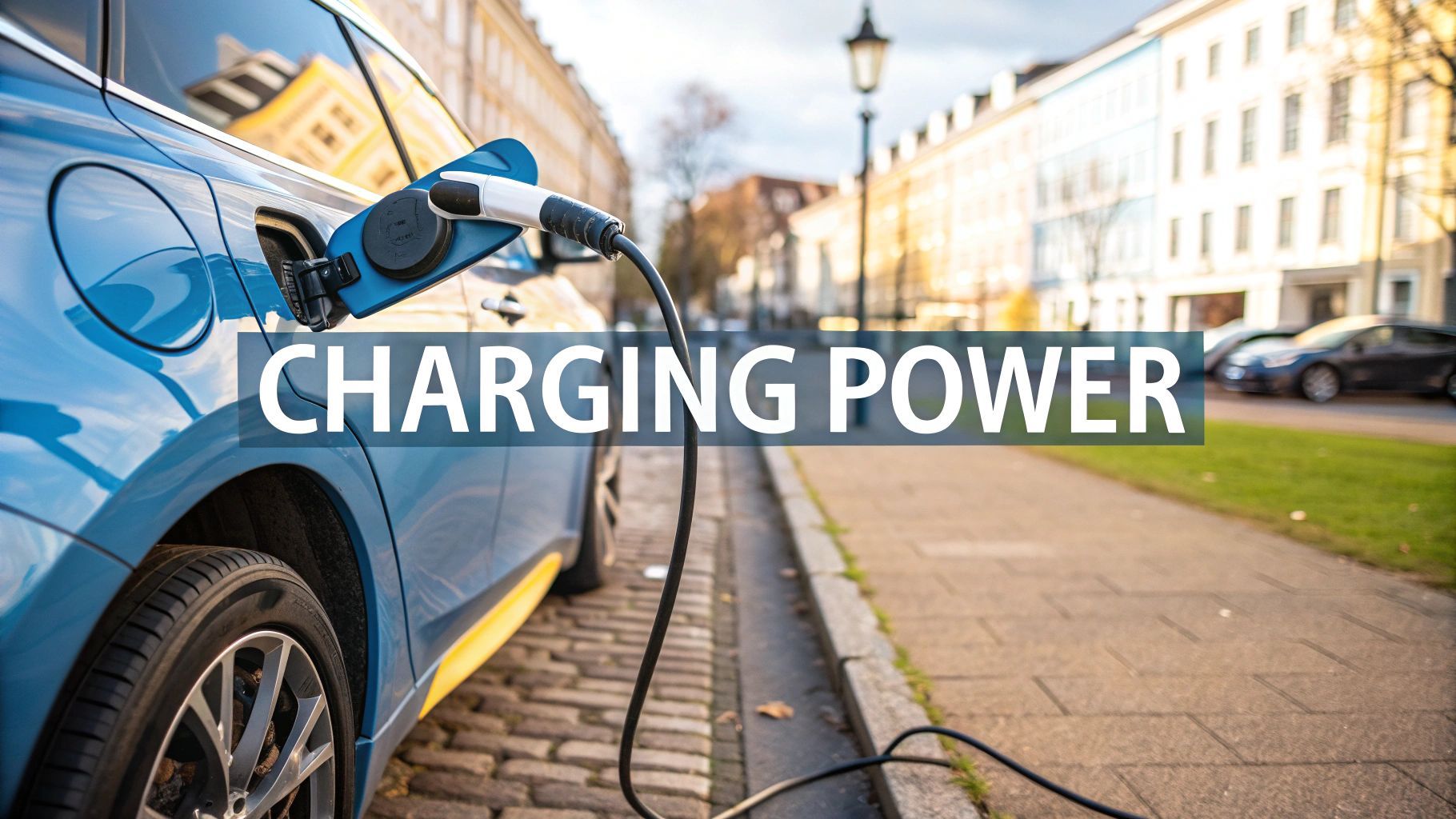 Blue electric car charging on a city street.