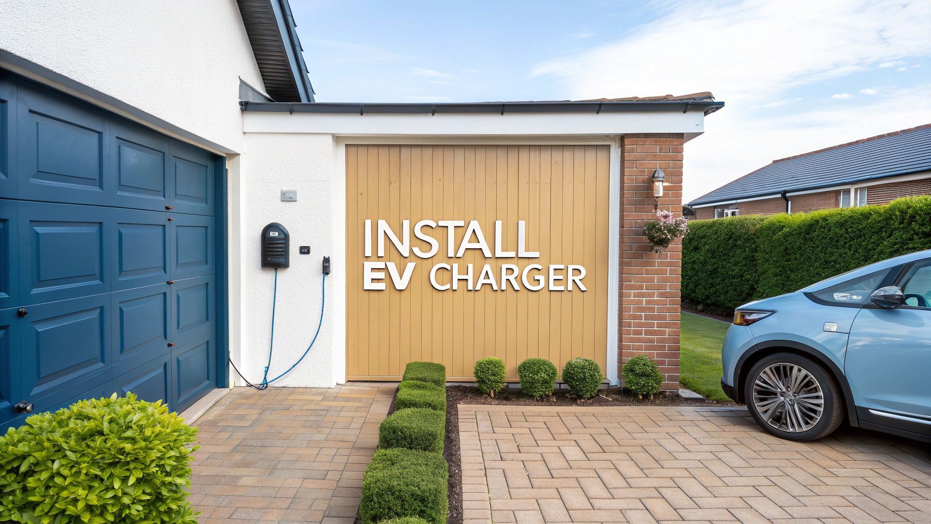 ev charger next to a blue garage