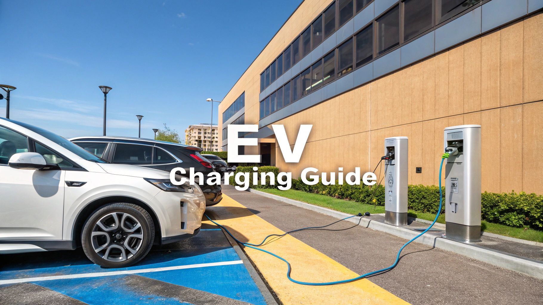EVs charging at an outdoor station in front of an office building.
