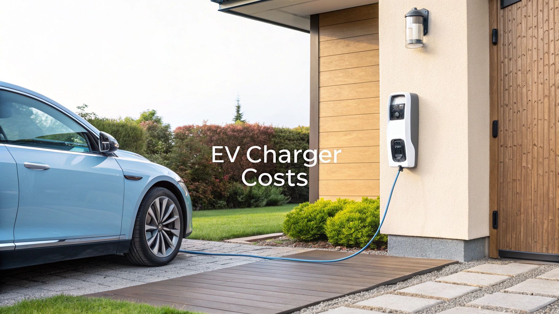 Blue EV charging at home from a wall-mounted charger. Text reads