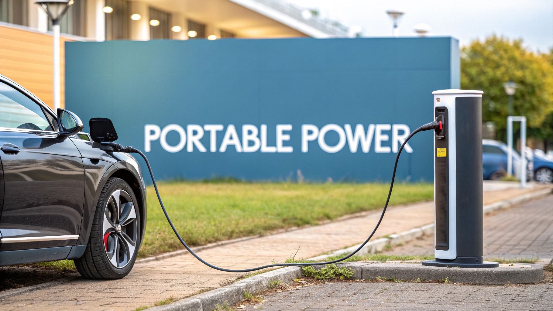 Black electric car charging at a station,