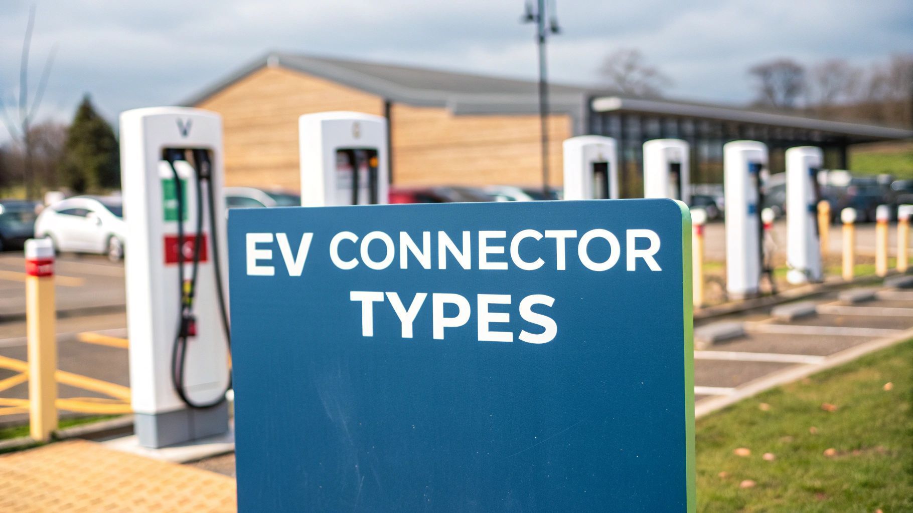 ev chargers in a row with a EV connectors type sign in front of them