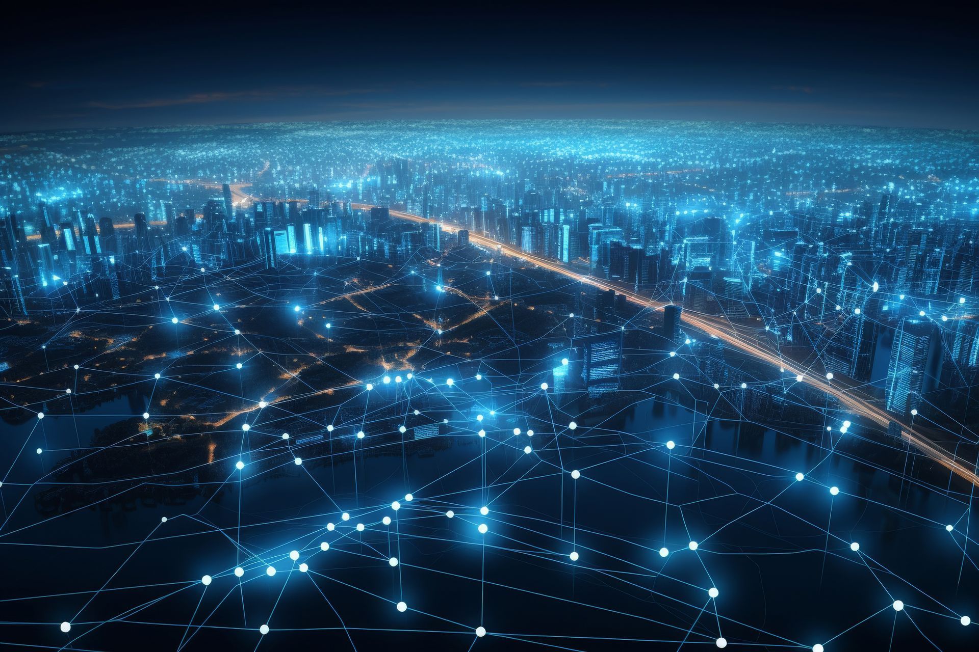 Futuristic aerial view of a smart city at night with glowing blue network lines connecting buildings