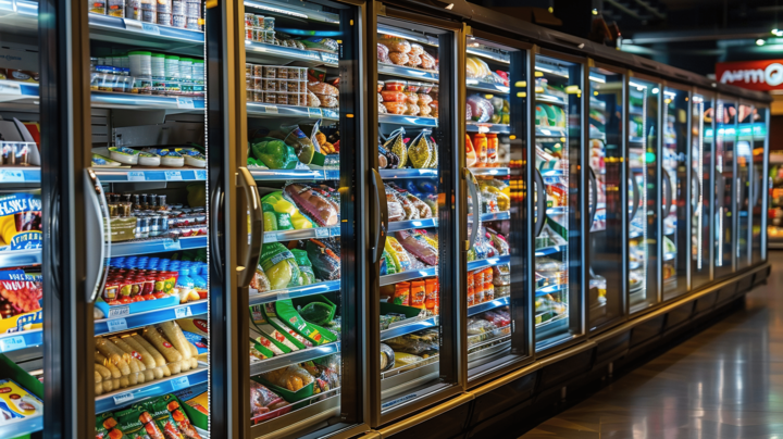 Refrigerated display cases filled with groceries at a store.