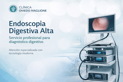 Clínica Oviedo Maglione sobre Endoscopia Digestiva Alta, con foto de equipo médico y descripción del servicio