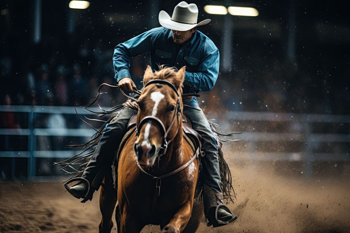 A man in a cowboy hat is riding a horse in a rodeo arena.