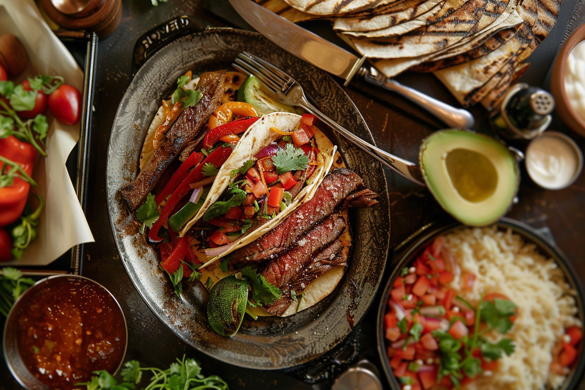 A table topped with plates of food including tacos and avocado.