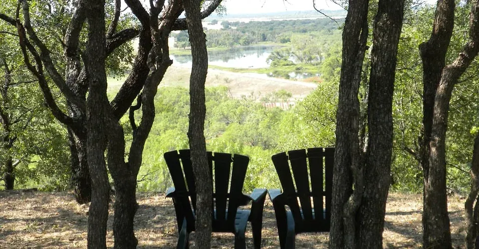 two chairs sitting under trees overlooking lake
