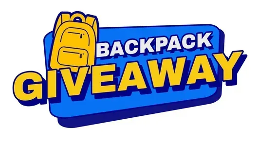 Blue and yellow backpack giveaway graphic with bold text