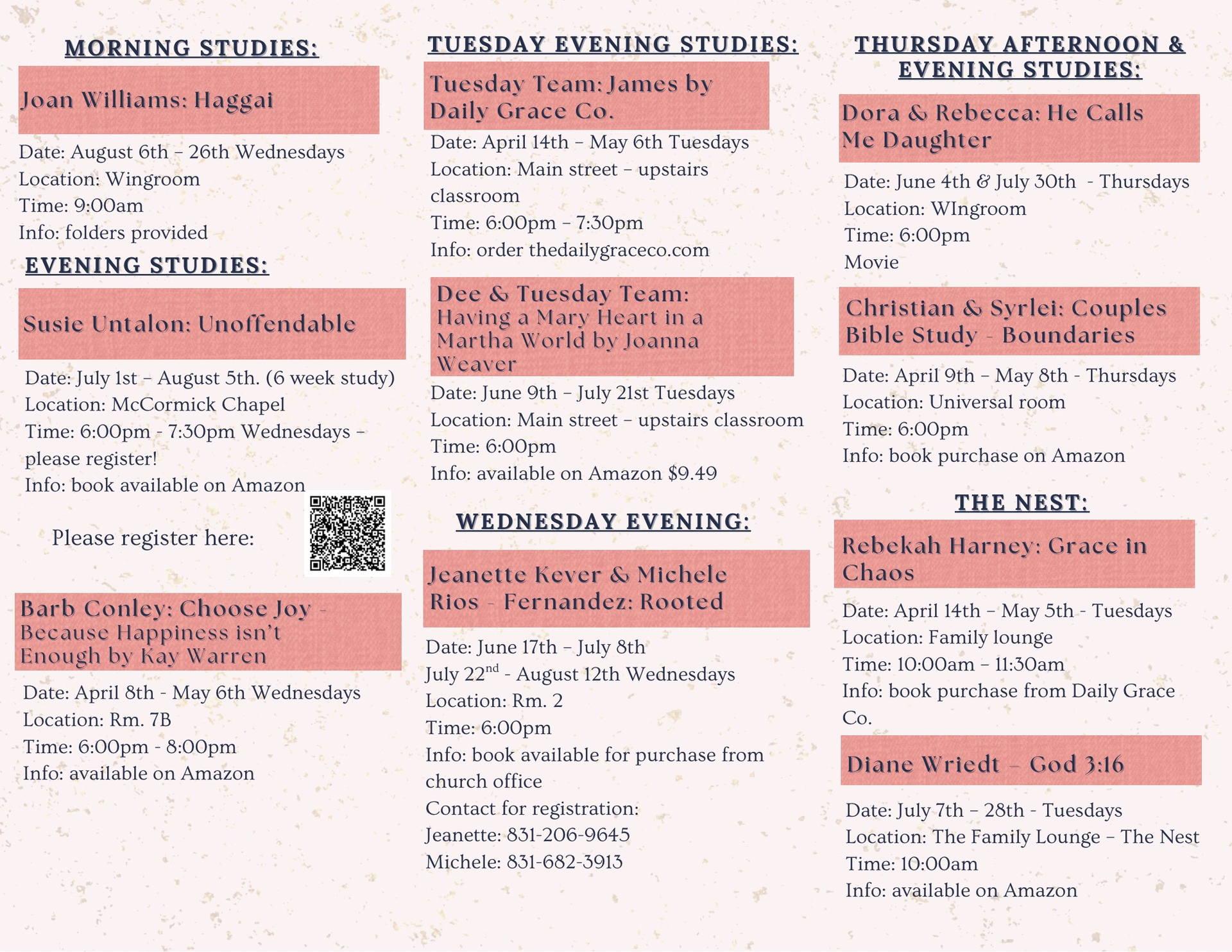 Floral women’s ministry flyer for “Summer Sips” Bible studies and morning study session details