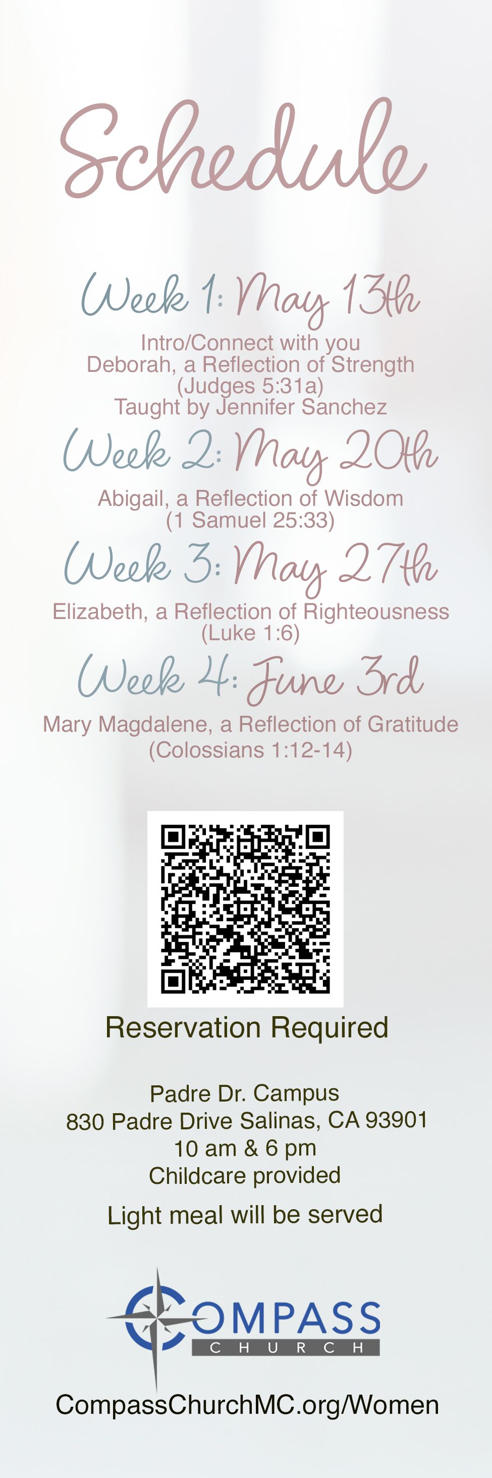 A Compass program schedule flyer listing four weekly events from May 13th to June 3rd, with a QR code and event details.