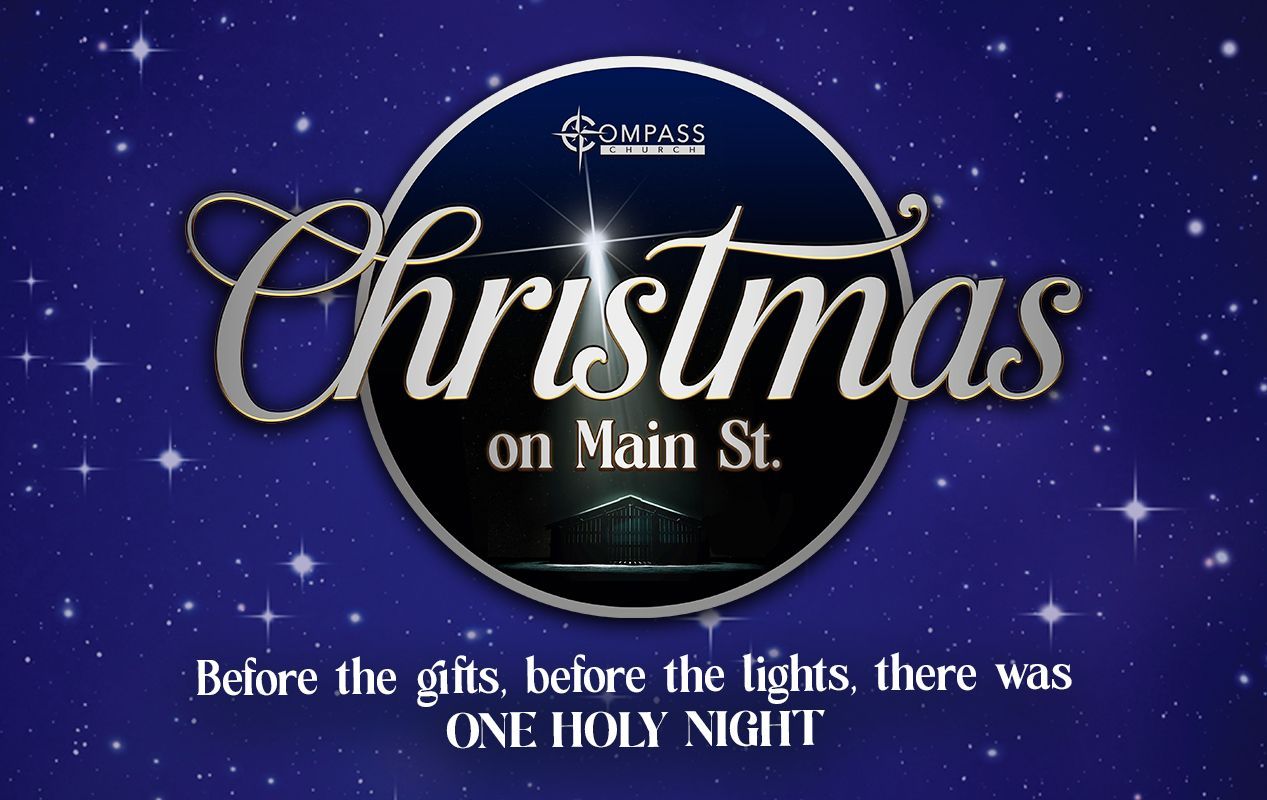 Christmas on Main St. graphic with silver text, dark blue background, stars, and the phrase "One Holy Night."