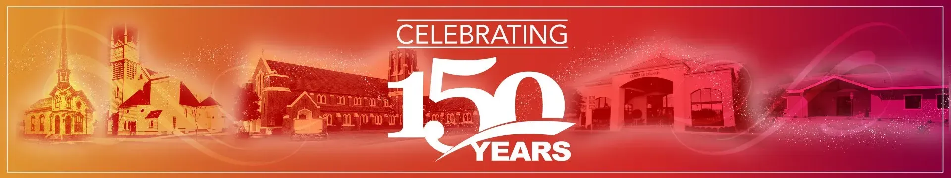 Banner celebrating 150 years. Shows illustrated buildings over an orange to purple gradient background.
