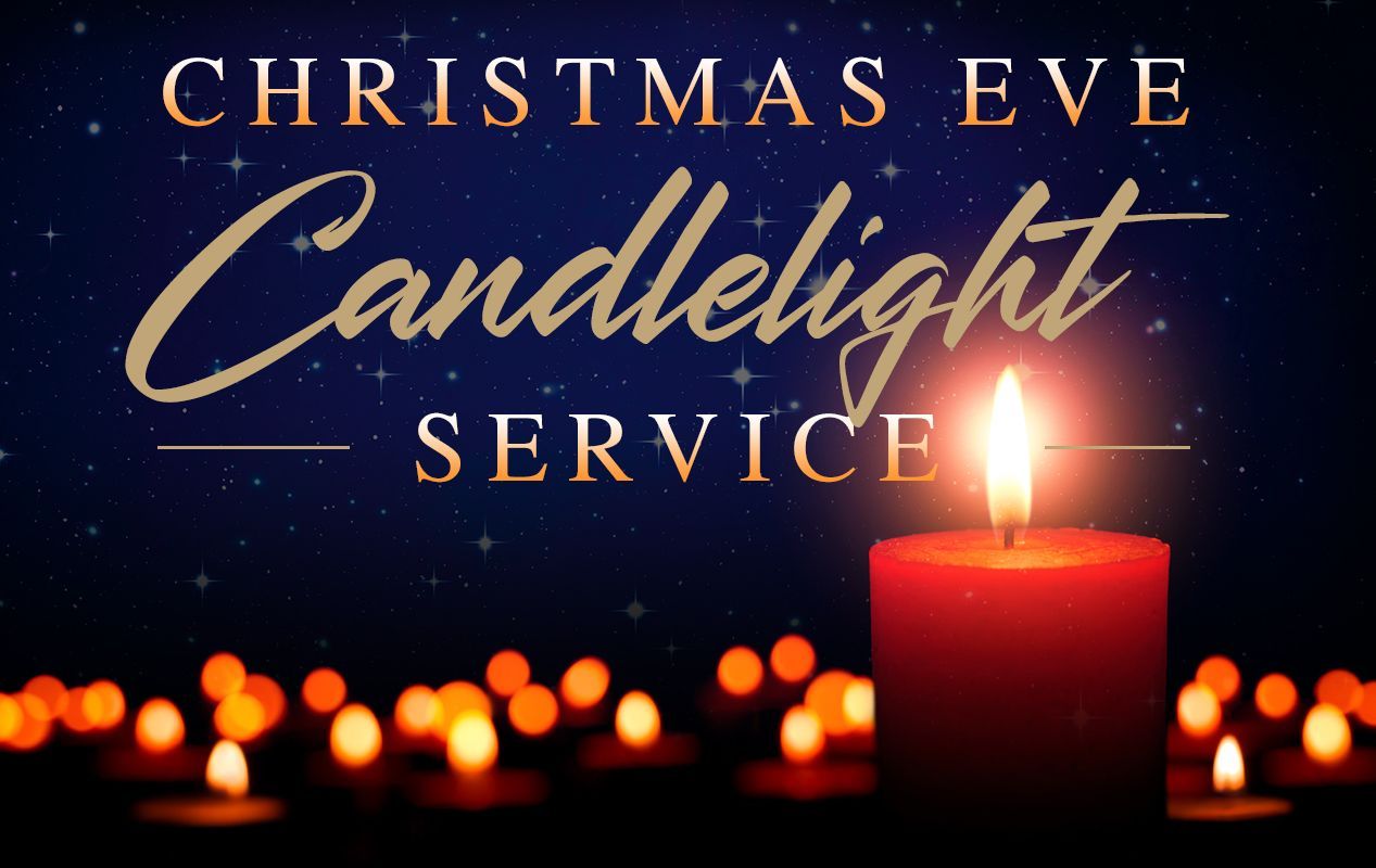 Christmas Eve candlelight service: red candle lit, others in the background, blue starry night.