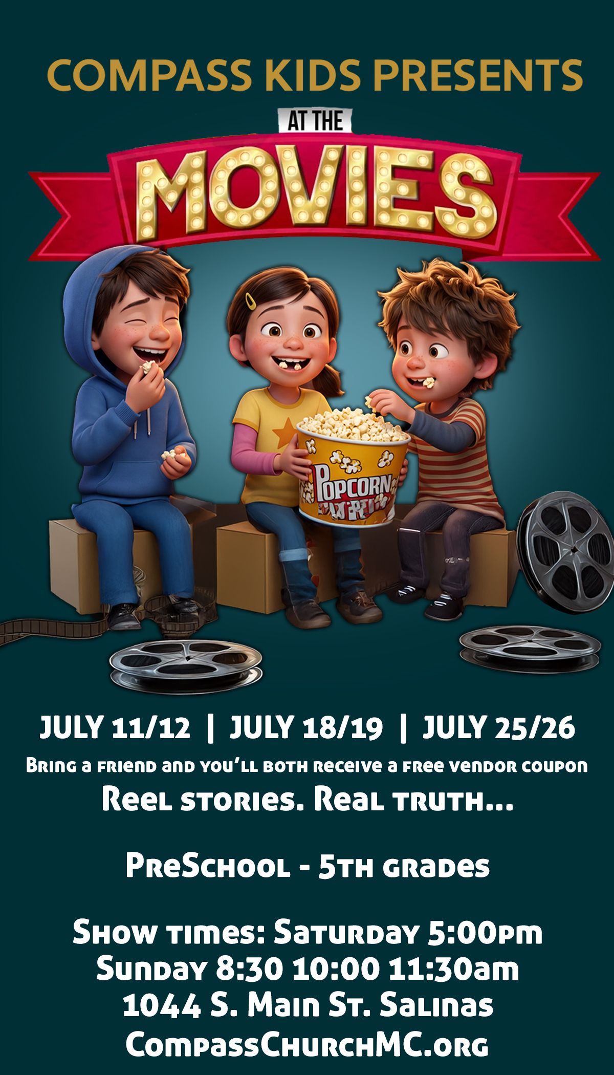 Movie poster for “At the Movies” featuring three cartoon kids with popcorn, showtimes, and 1st–5th grades info.
