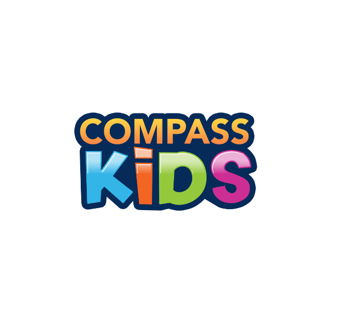 Compass Kids logo in blue, orange, and green on a white background