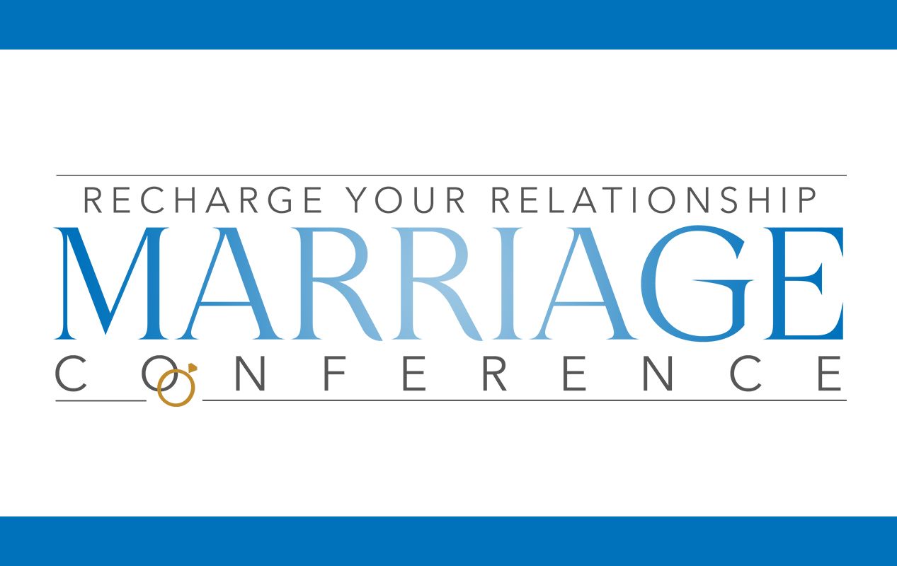 "Marriage Conference logo with blue text on white: 'Recharge Your Relationship MARRIAGE CONFERENCE' with intertwined rings."