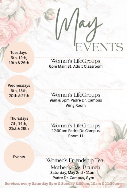 An April events flyer featuring a marble background, floral accents, and a schedule of women's groups and church services.