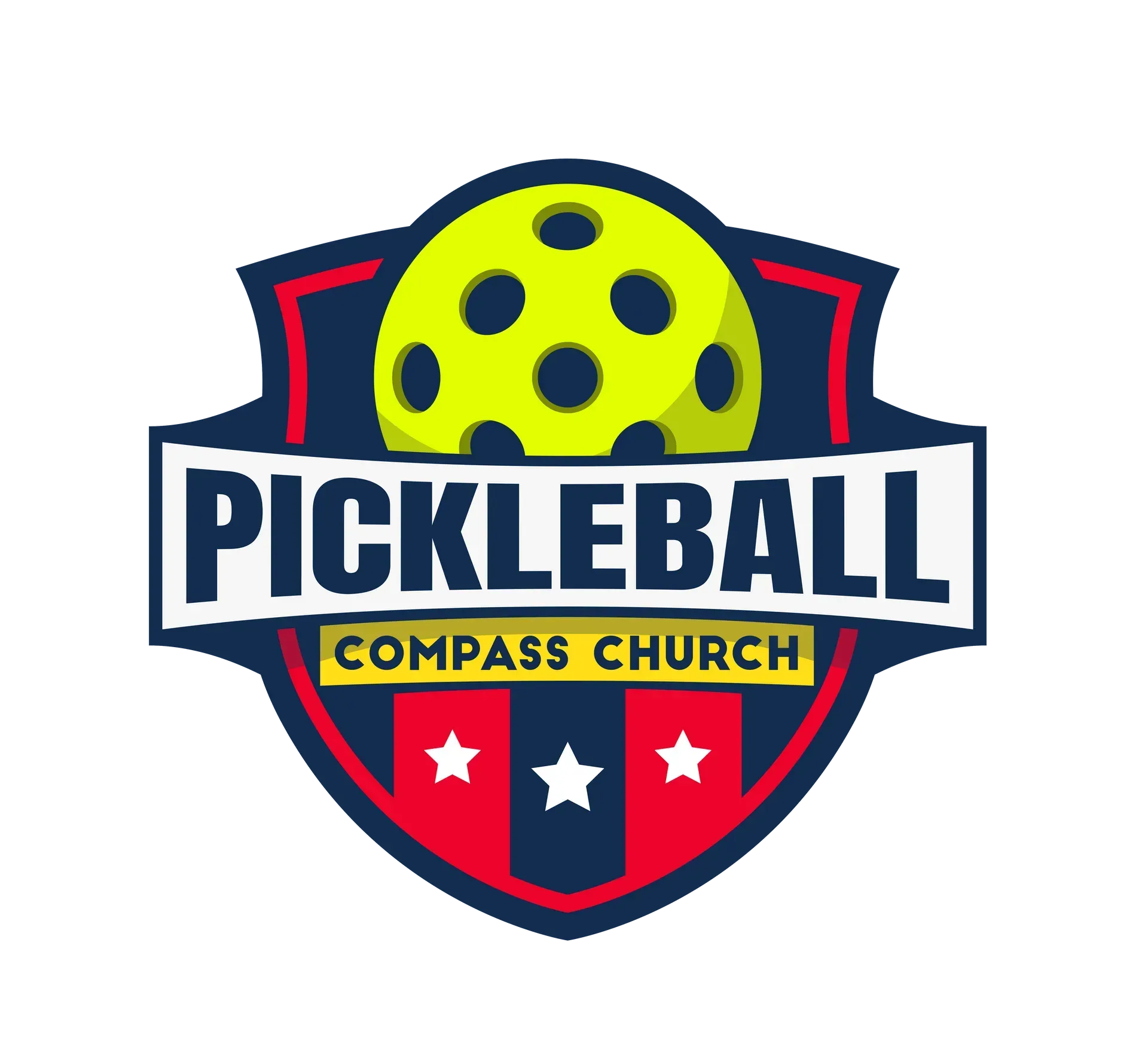 Logo: Yellow pickleball atop a shield with "PICKLEBALL COMPASS CHURCH" text and stars.