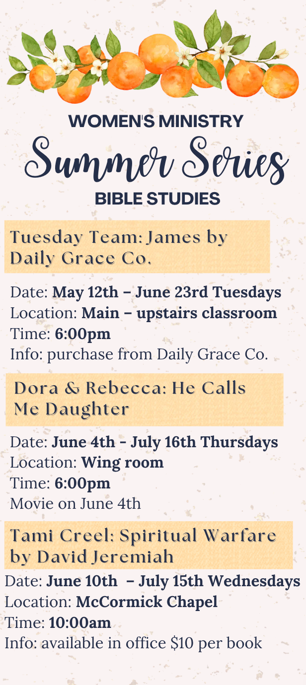 Floral women’s ministry flyer for “Summer Sips” Bible studies and morning study session details