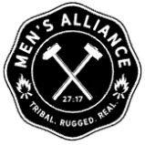 Men’s Alliance logo with crossed axes, laurel branches, and text “TRIBAL. RUGGED. REAL.”