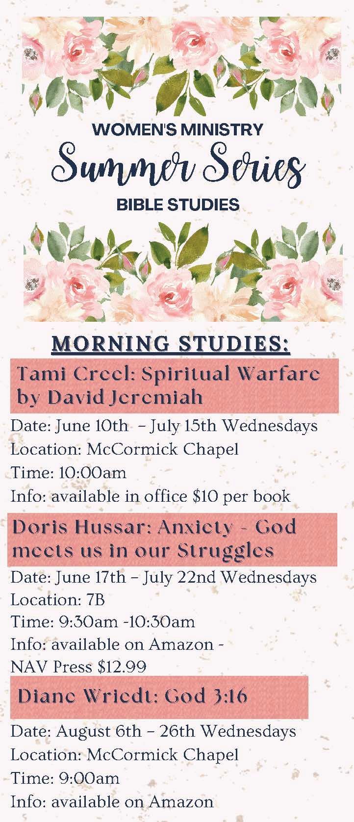 Floral women’s ministry flyer for “Summer Sips” Bible studies and morning study session details