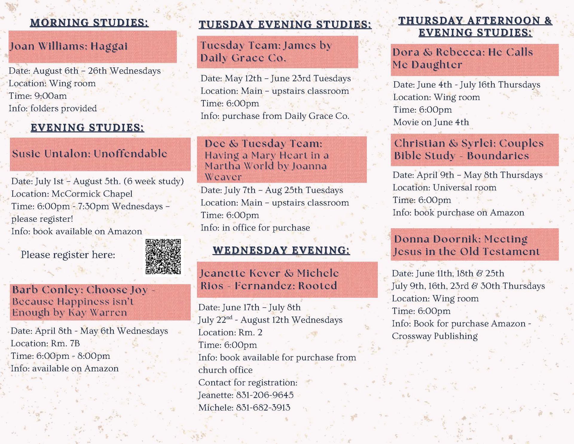 Floral women’s ministry flyer for “Summer Sips” Bible studies and morning study session details