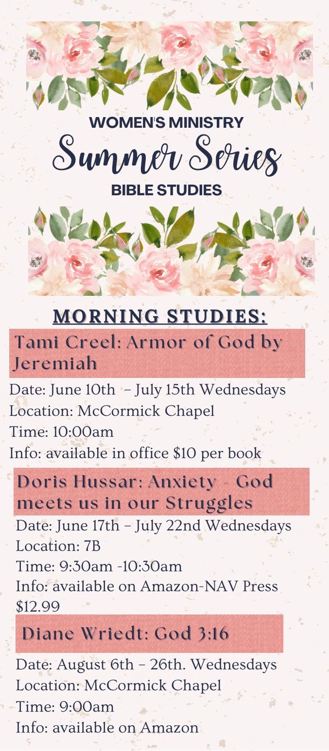 Floral women’s ministry flyer for “Summer Sips” Bible studies and morning study session details