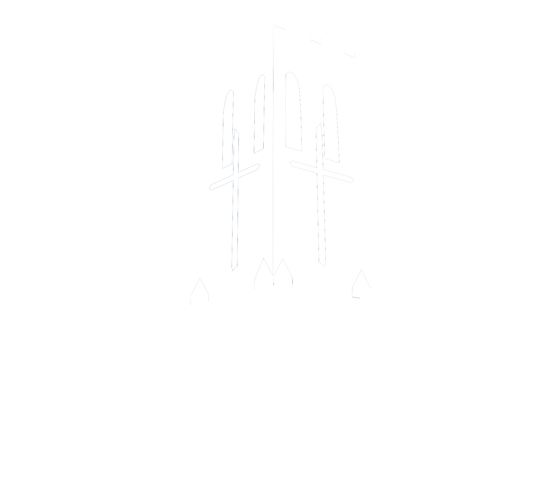 Outline of a person in a formal suit, hands at sides, inside a building.