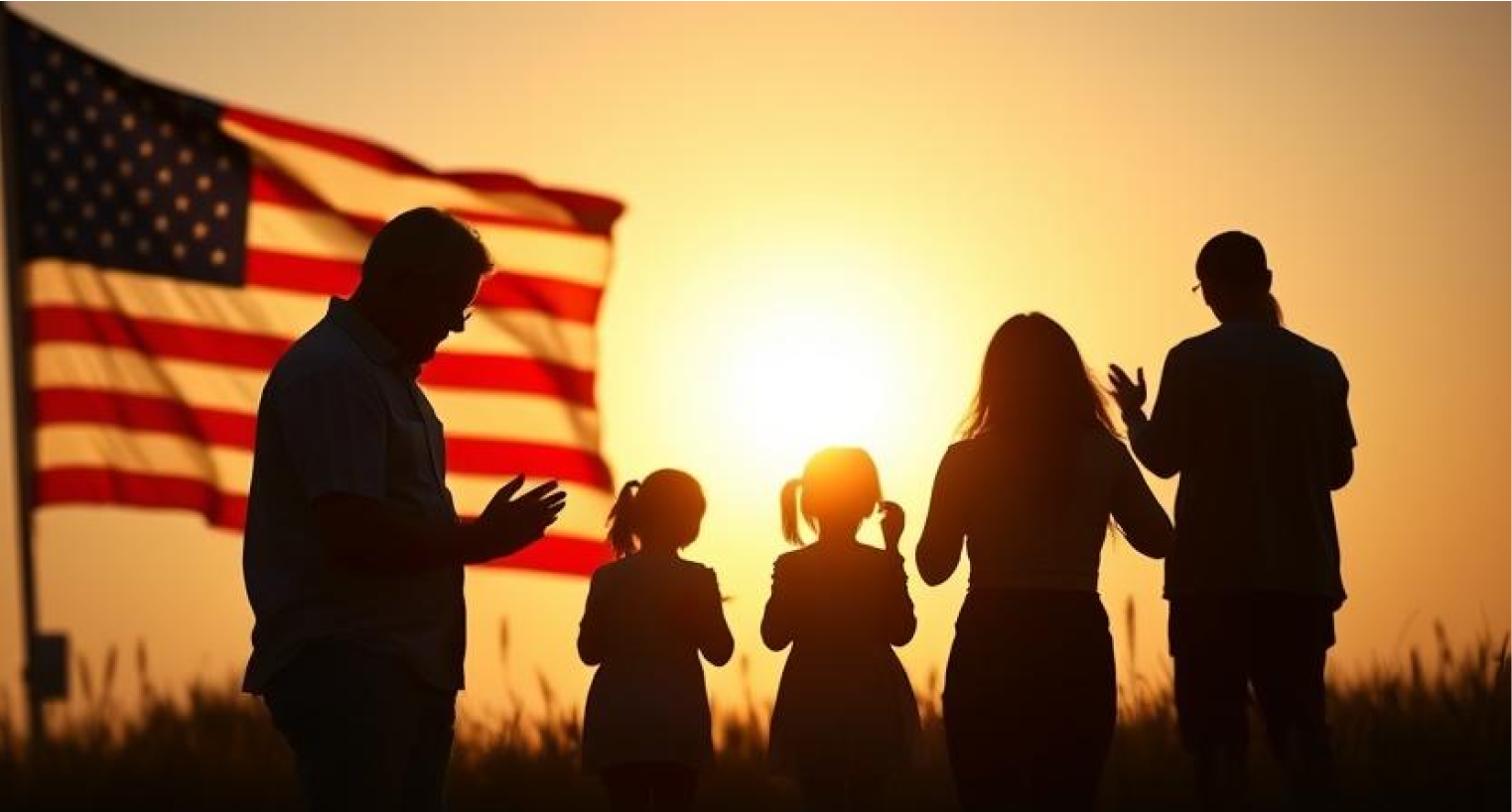 Family silhouetted against a sunset, American flag in the background, possibly celebrating or remembering.