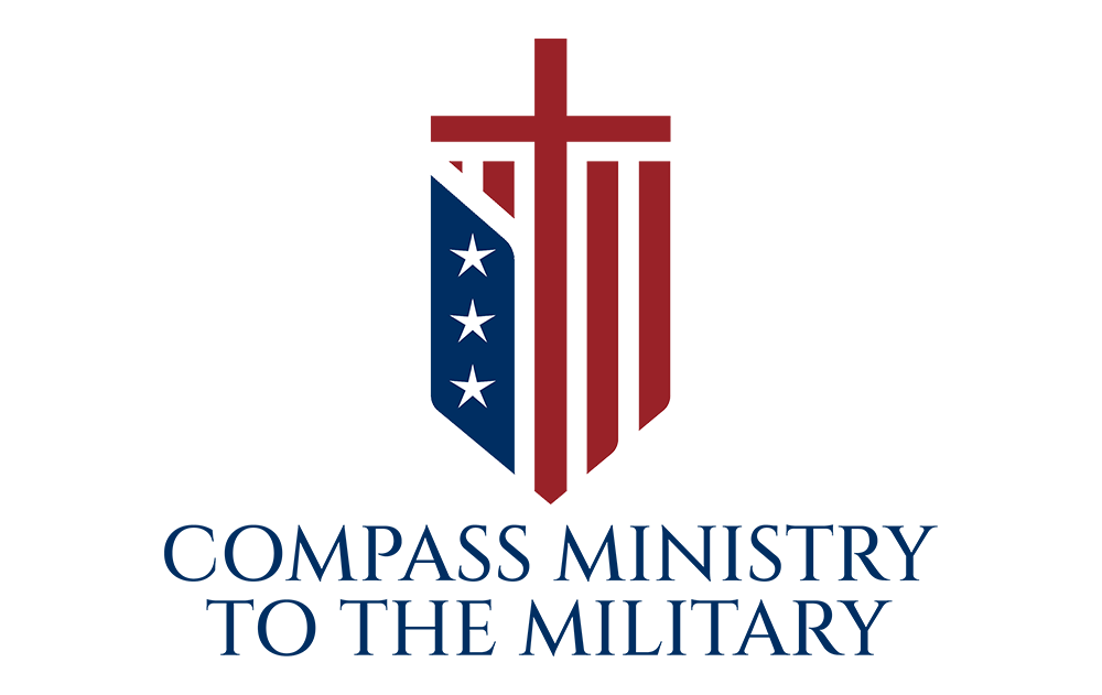 Logo of Compass Ministry to the Military: Shield design with American flag and cross, navy and red.