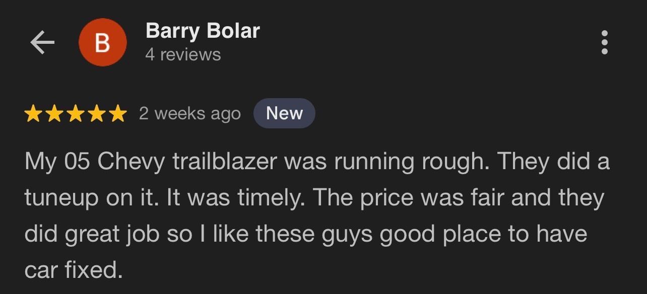 Screenshot of a review from Barry Bolar in Nicholasville, KY which states that M&T Auto gave their 05 Chevy Trailblazer a tuneup that was timely, priced fairly, and M&T did a good job.