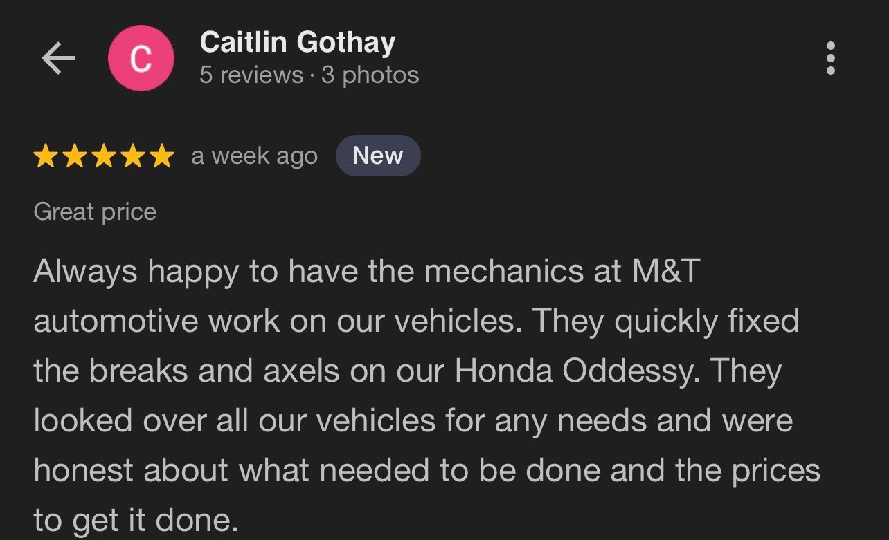 Screenshot of a review from Caitlin Gothay in Nicholasville, KY which states that M&T Auto quickly fixed the breaks and axels on their Honda Odyssey, amongst other things