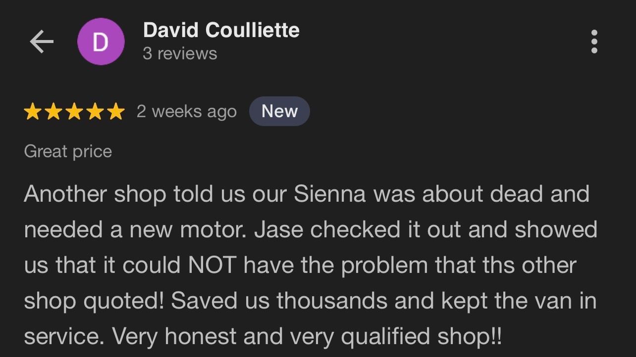 Screenshot of a review from David Coulliette in Wilmore, KY which states that M&T Auto saved his family thousands when other shops quoted much higher prices and kept their old Sienna running