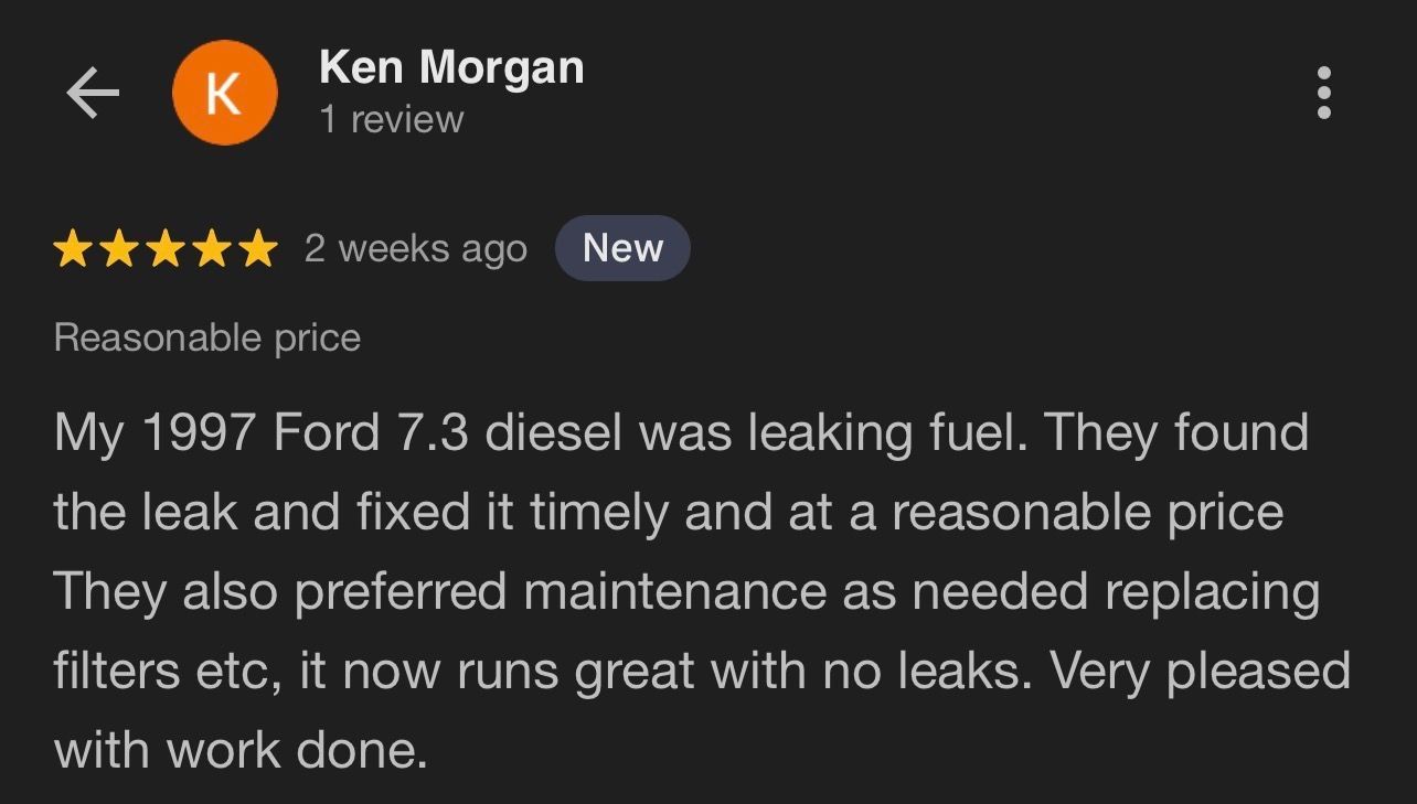 Screenshot of a review from Ken Morgan in Nicholasville, KY which states that M&T Auto found a leak in an old diesel truck and then fixed it in a timely manner and also at a reasonable price