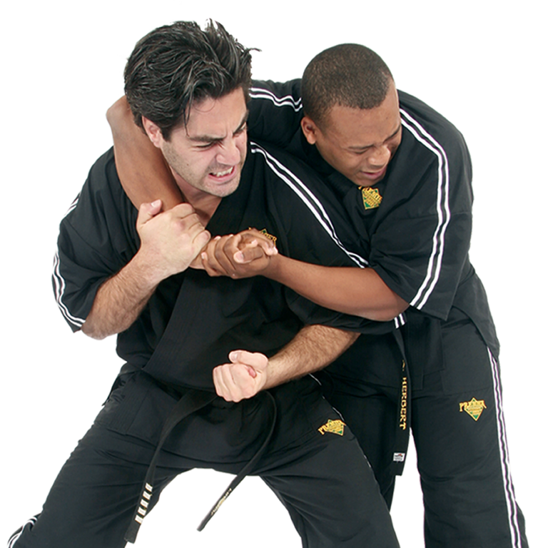 two men in black karate uniforms are fighting