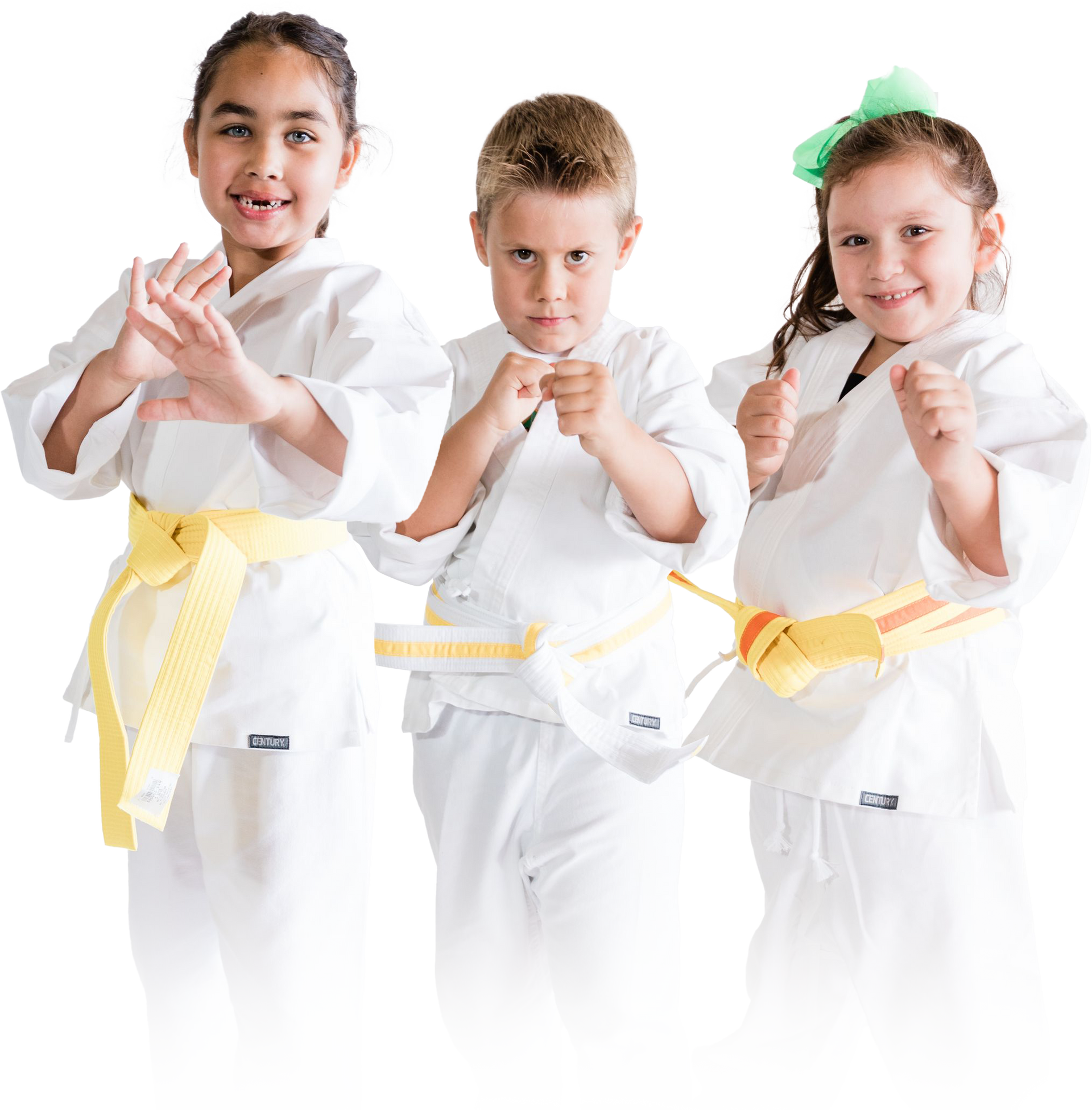 a boy and two girls are standing next to each other in karate uniforms .