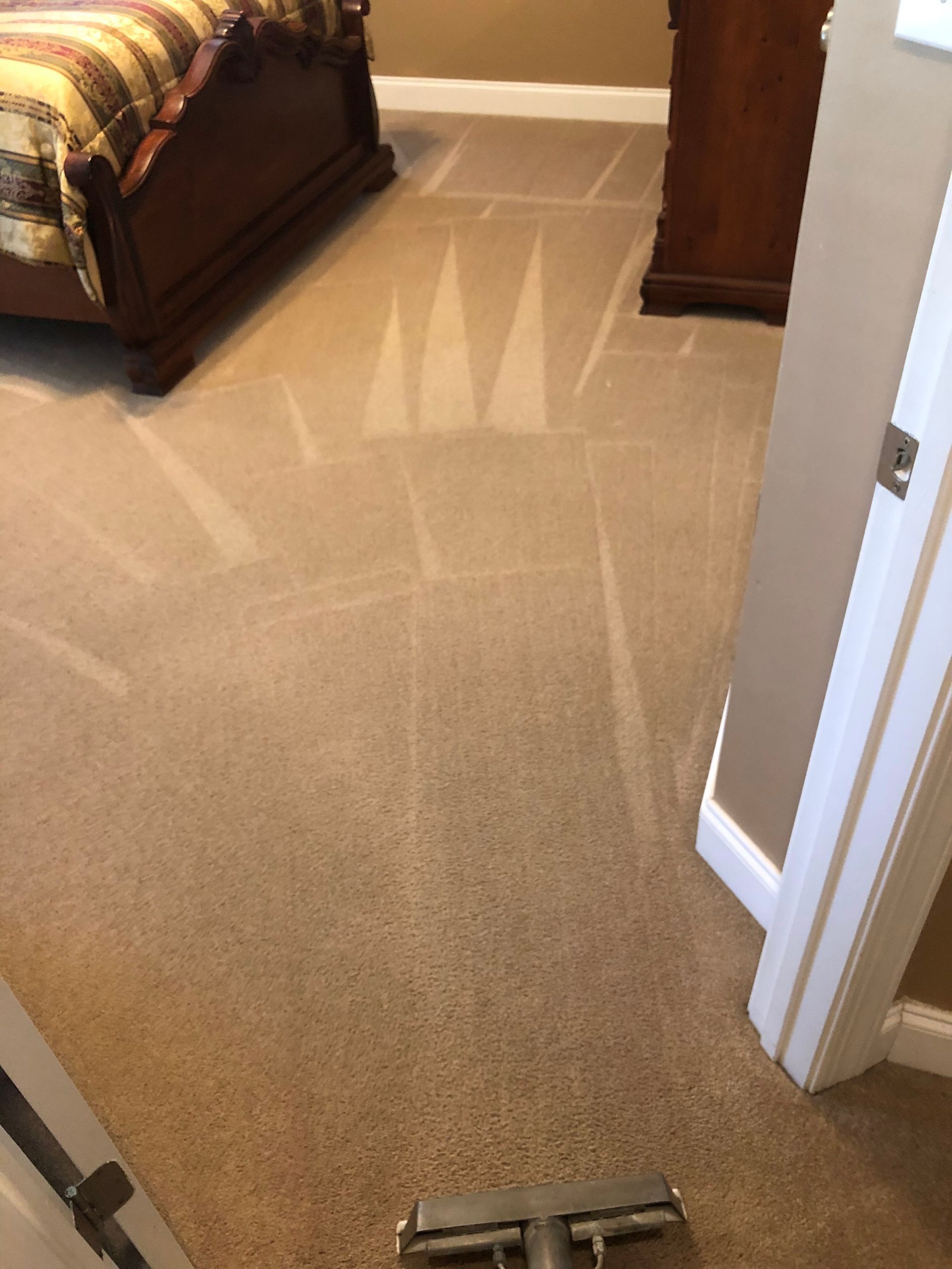 A beige carpet being professionally cleaned in a bedroom.
