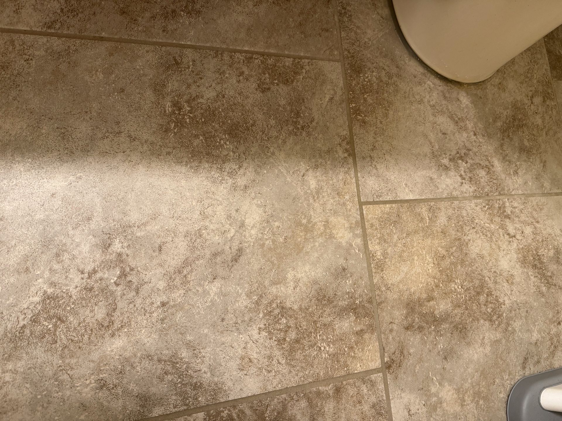 Tan textured tile floor with a white toilet base in the upper right corner.