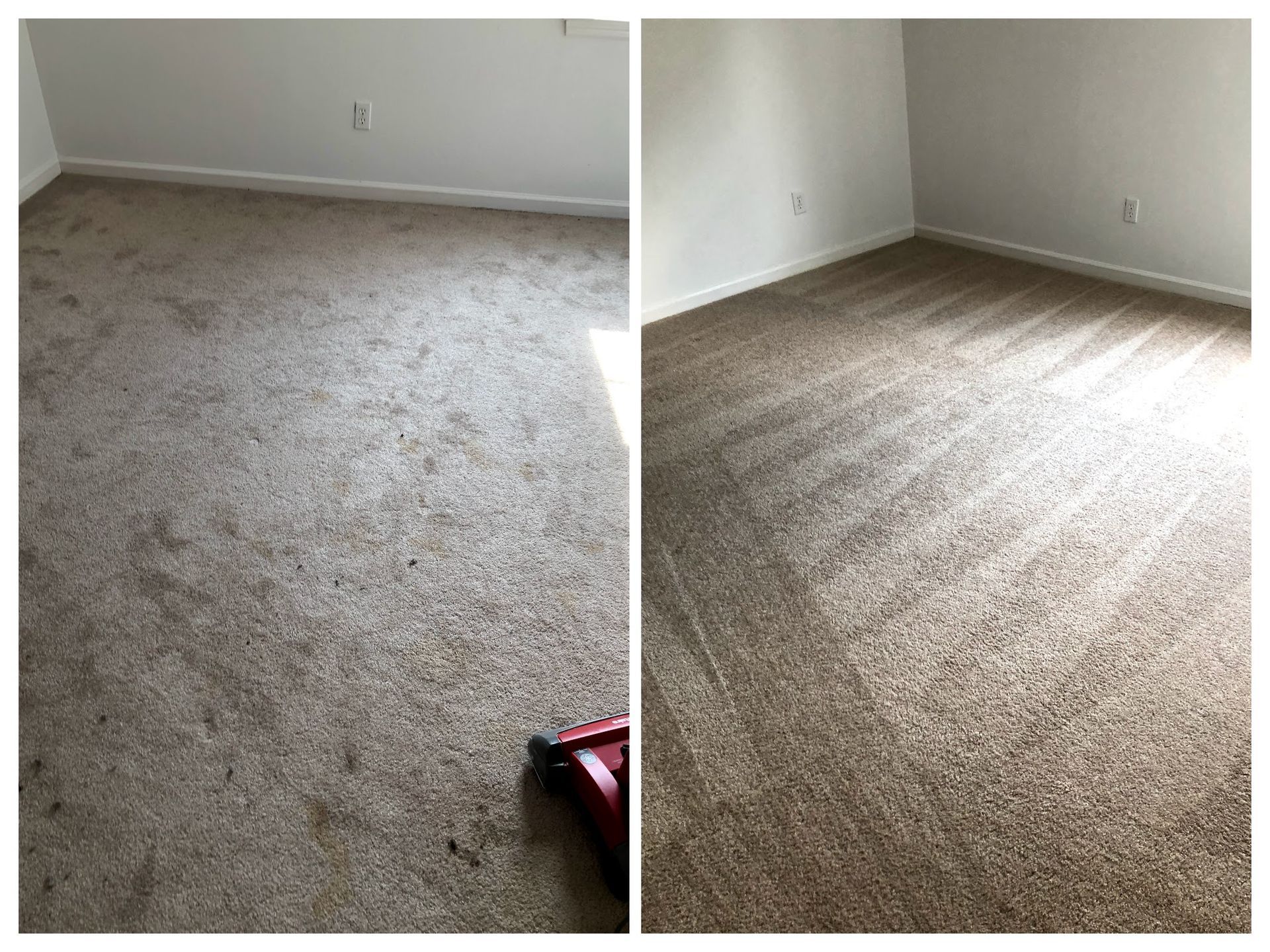 Before and after comparison of a carpeted room.