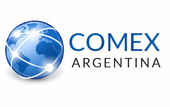 Logotipo de COMEX Argentina con icono de globo azul y texto azul sobre fondo blanco.