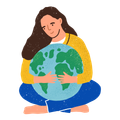 Woman hugging the Earth. Flat cartoon colorful vector illustration.