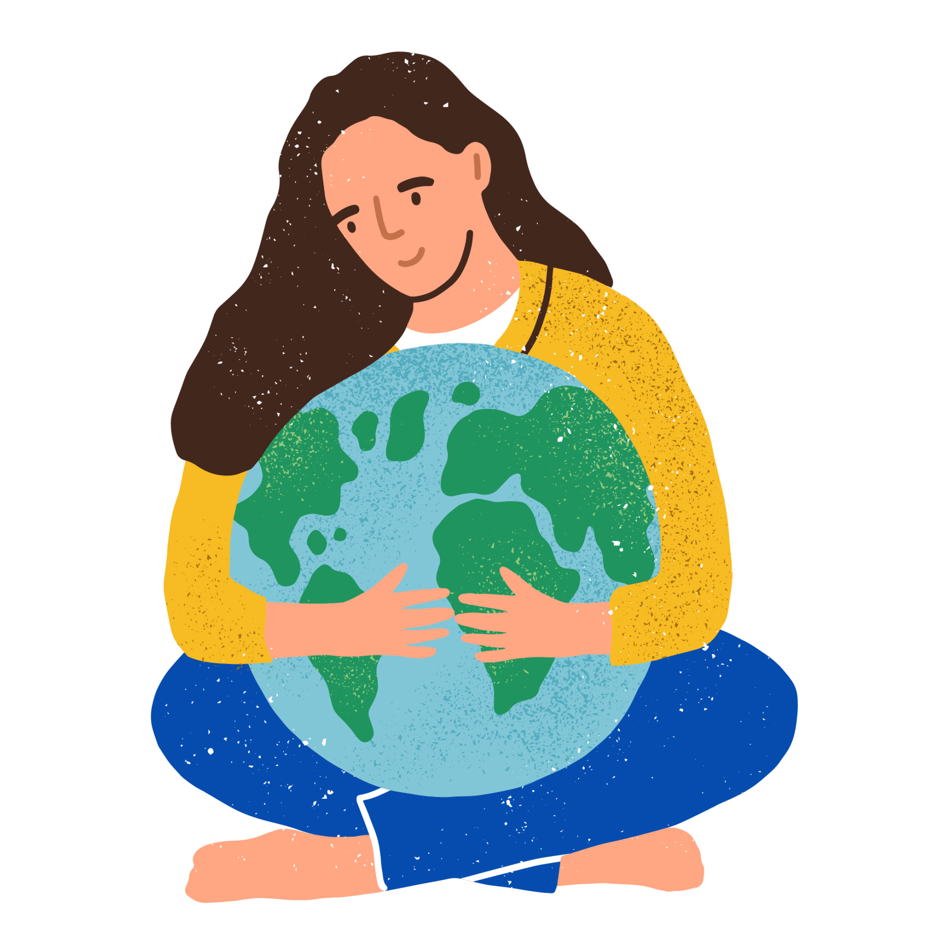 Woman hugging the Earth. Flat cartoon colorful vector illustration.