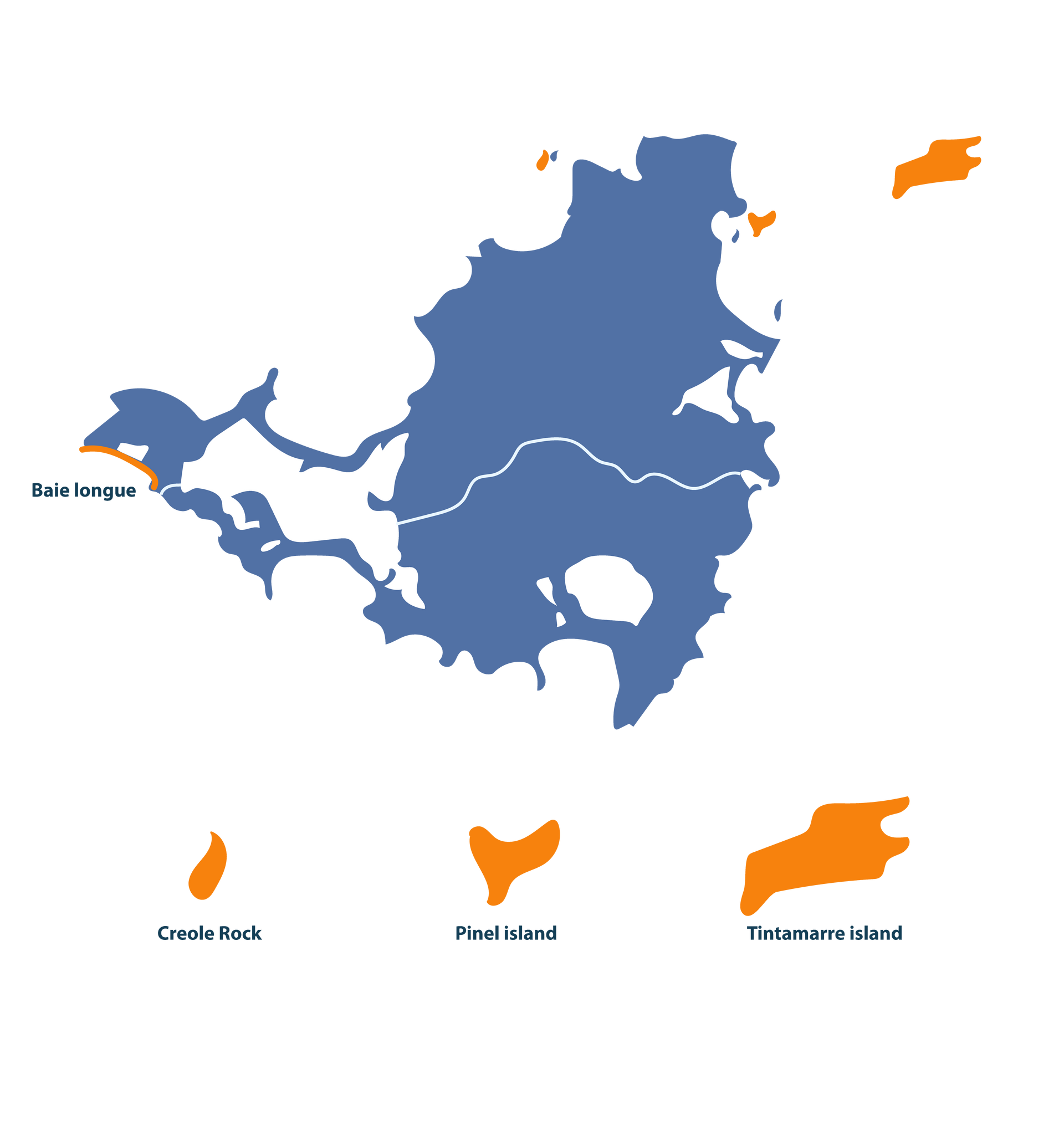 Map of Saint Martin and surrounding islands, blue main island, orange surrounding islands.