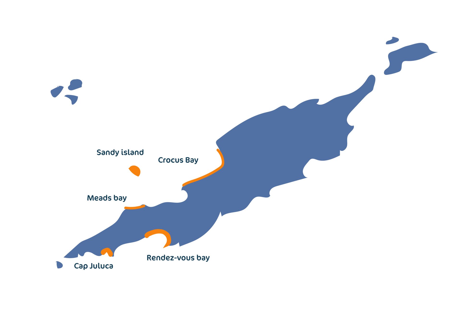Map of Anguilla with highlighted bays and islands in orange.